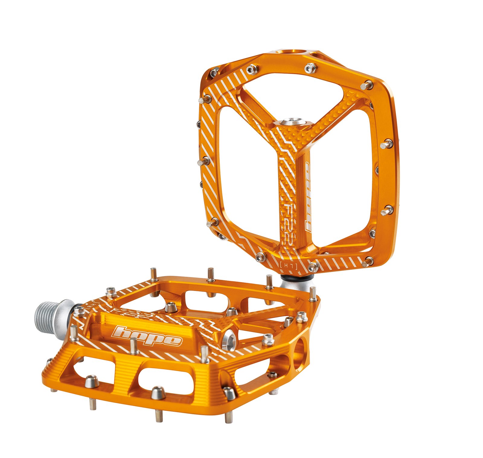 Hope F22 flat pedals with concave platform and hex pins in orange anodised finish