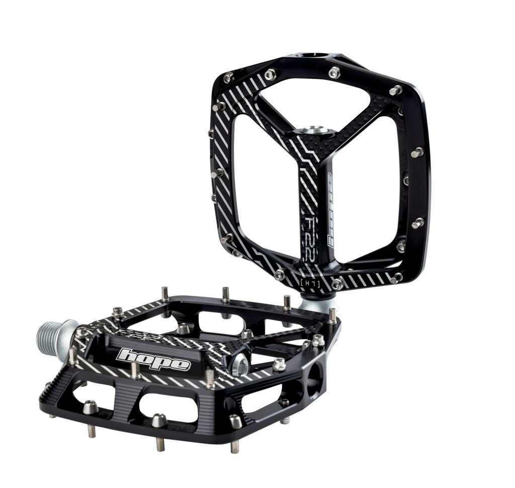 Hope F22 flat pedals with concave platform and hex pins in black anodised finish