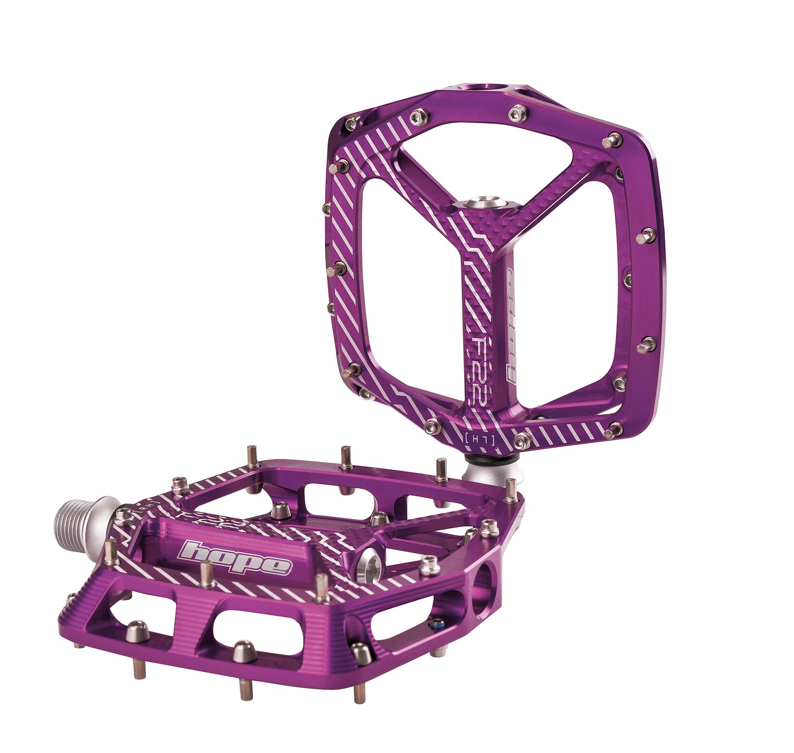 Hope F22 flat pedals with concave platform and hex pins in purple anodised finish