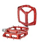 Hope F22 flat pedals with concave platform and hex pins in red anodised finish
