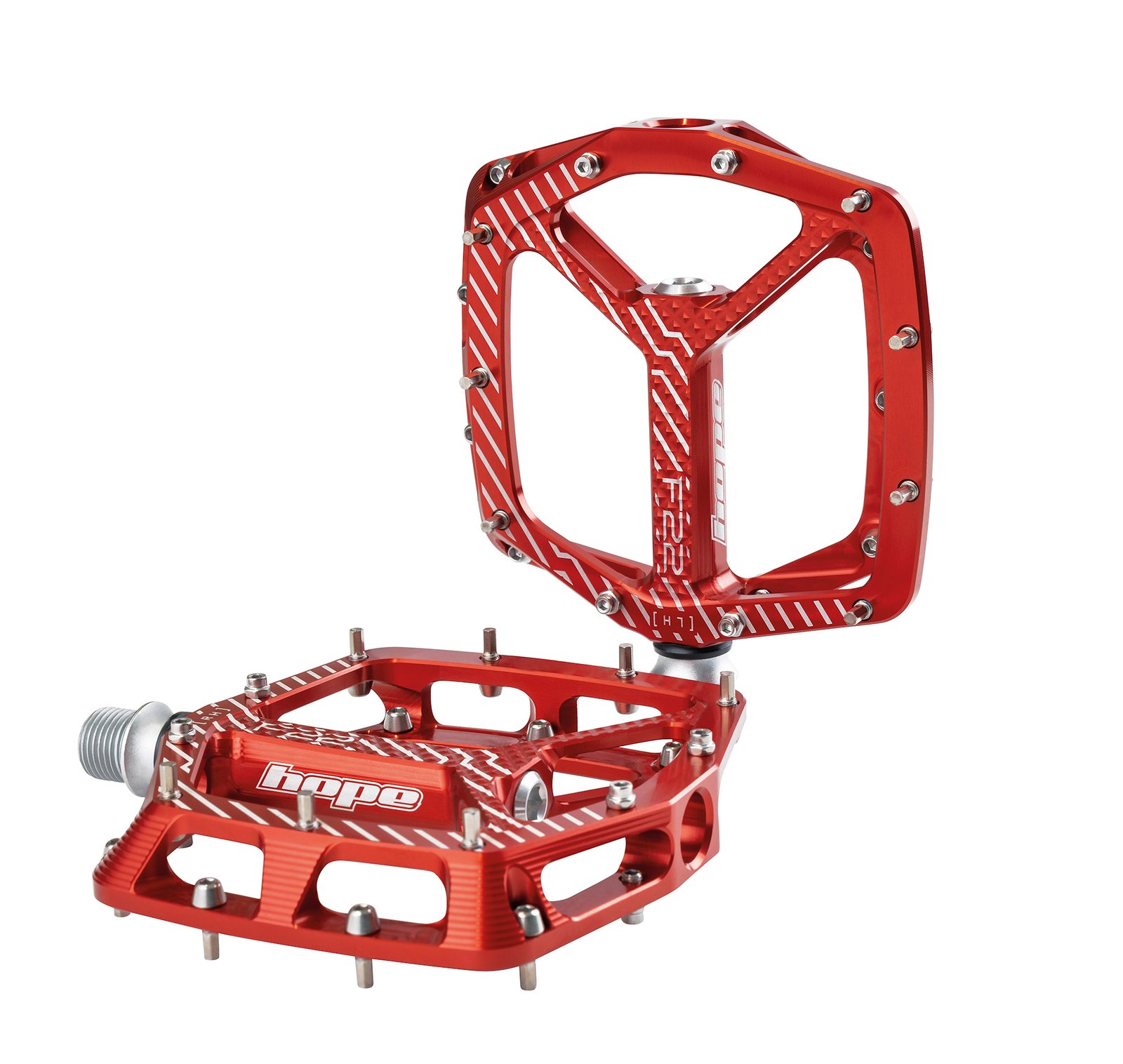 Hope F22 flat pedals with concave platform and hex pins in red anodised finish