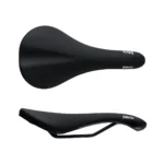 black bike saddle top and side view. Fabric scoop sport saddle