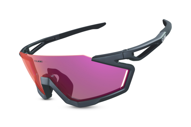 CUBE 2027 cycling glasses with pink revo lens